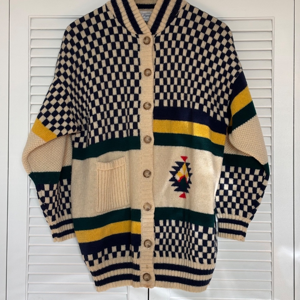 Vintage DEGEN Handknit Bode Style Wool Sweater Cardigan Tribal Checkerboard